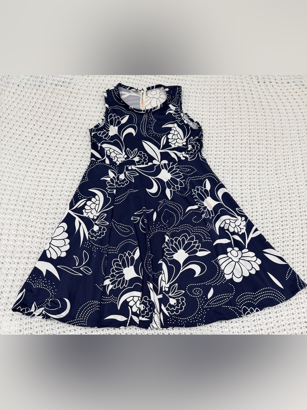 24seven Comfort Apparel Girls Sleeveless Fit + Flare Dress in navy/white size L.
